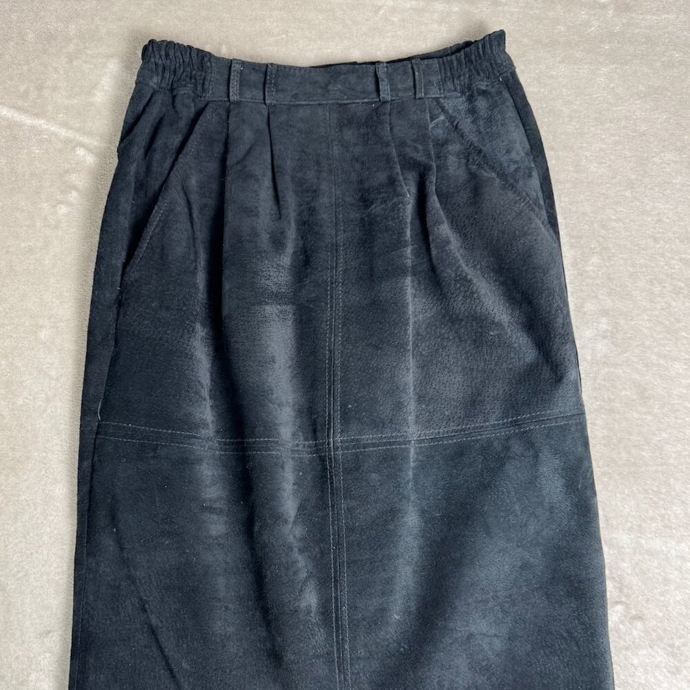 Vintage Black Leather Suede Pencil Skirt size 2/25 Chaus Straight Petite Women's